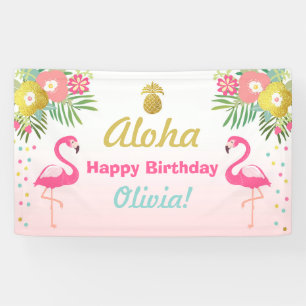 Flamingo verjaardagsbanner Tropical Luau Pineapple Spandoek