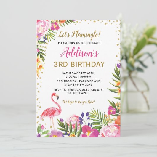 Flamingo Verjaardagsfeest Tropische Zomerbloem Kaart (Staand voorkant)