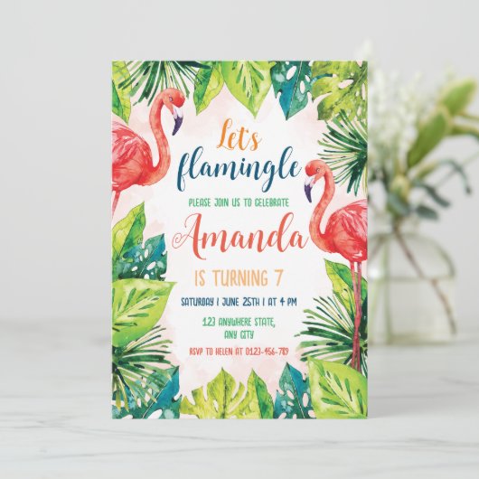 Flamingo verjaardagsfeest uitnodiging Laten we Fla (Staand voorkant)