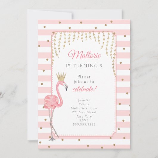 Flamingo verjaardagsfeestje uitnodiging, roze goud kaart (Voorkant)