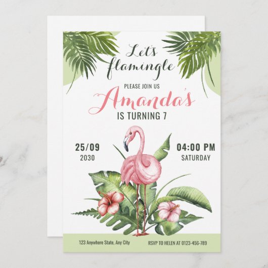 Flamingo Verjaardagsfeestuitnodiging Let’s Flaming Kaart (Voorkant / Achterkant)