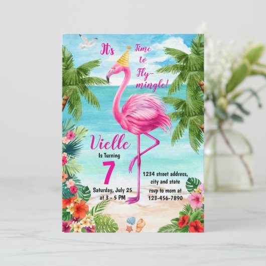 Flamingo verjaardagsuitnodiging, Flamingo verjaard Kaart (Staand voorkant)