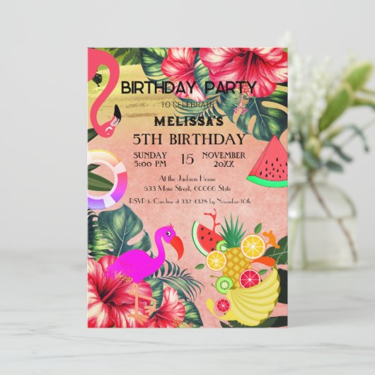 Flamingo verjaardagsuitnodiging, leuke uitnodiging (Staand voorkant)