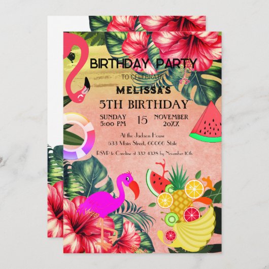 Flamingo verjaardagsuitnodiging, leuke uitnodiging (Voorkant / Achterkant)