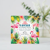 Flamingo verjaardagsuitnodiging – Persoonlijke kin (Staand voorkant)