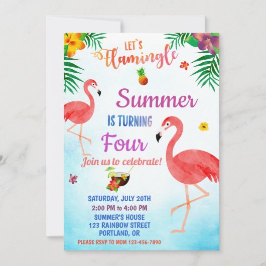 Flamingo verjaardagsuitnodiging Tropische luau uit Kaart (Voorkant)