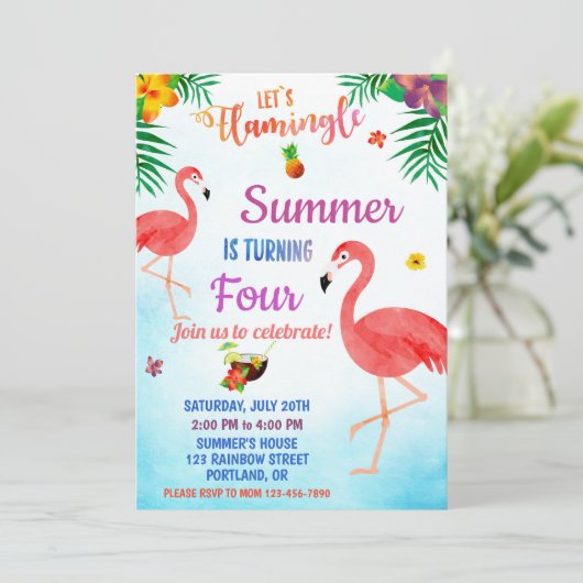 Flamingo verjaardagsuitnodiging Tropische luau uit Kaart (Staand voorkant)