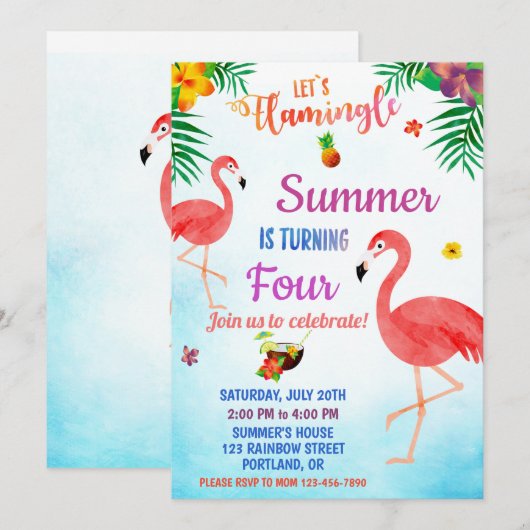 Flamingo verjaardagsuitnodiging Tropische luau uit Kaart (Voorkant / Achterkant)
