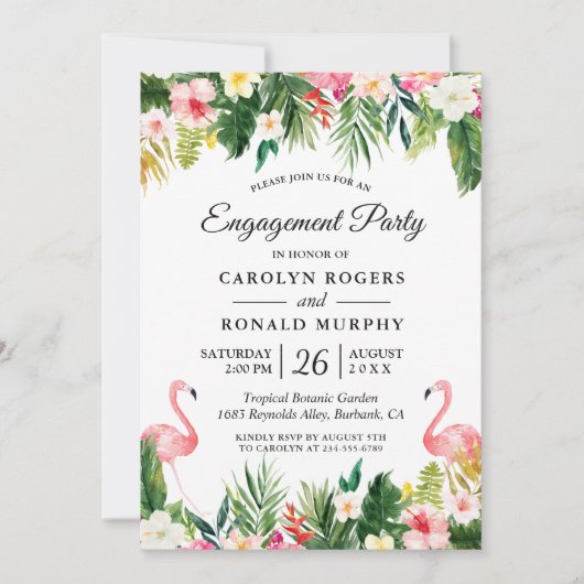 Flamingo verlovingsfeestje Tropische bladeren Bloe Kaart (Voorkant)