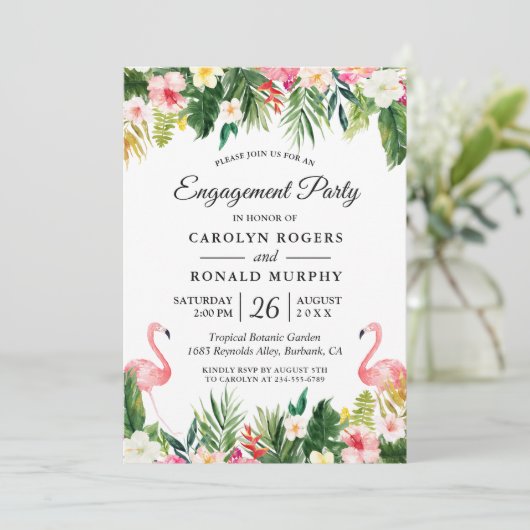 Flamingo verlovingsfeestje Tropische bladeren Bloe Kaart (Staand voorkant)