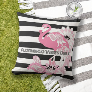 Flamingo Vibes Only Black & White Stripe Flamingo Buitenkussen