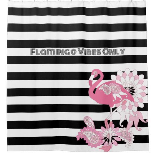 Flamingo Vibes Only Black & White Stripe Flamingo Douchegordijn (Voorkant)