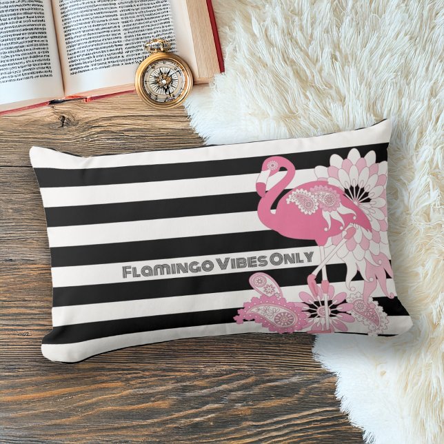 Flamingo Vibes Only Black & White Stripe Flamingo Kussen (Creator heeft geüpload)