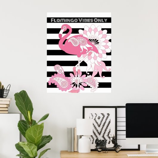 Flamingo Vibes Only Black & White Stripe Flamingo Poster (Thuiskantoor)