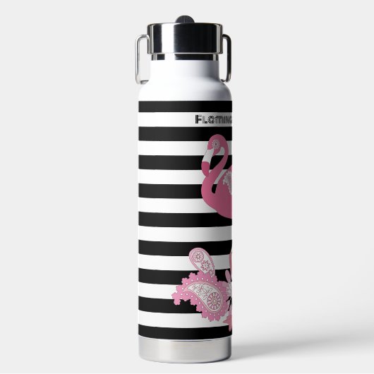 Flamingo Vibes Only Black & White Stripe Flamingo Waterfles (Voorkant)