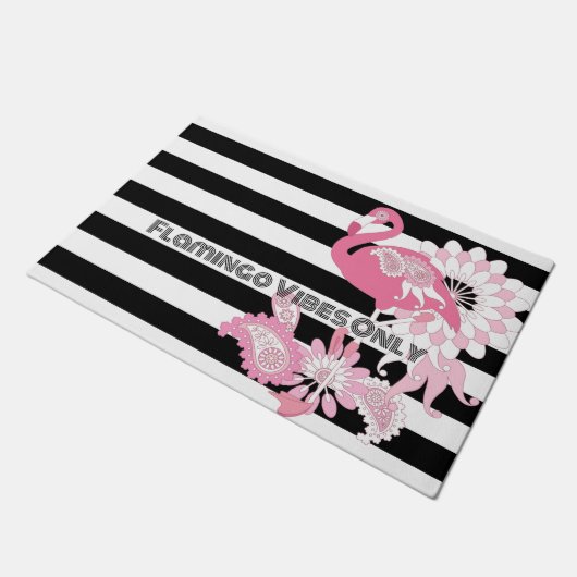 Flamingo Vibes Only Zwart & Wit Gestreepte Flaming Deurmat (Schuin)