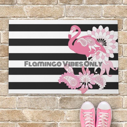 Flamingo Vibes Only Zwart & Wit Gestreepte Flaming Deurmat