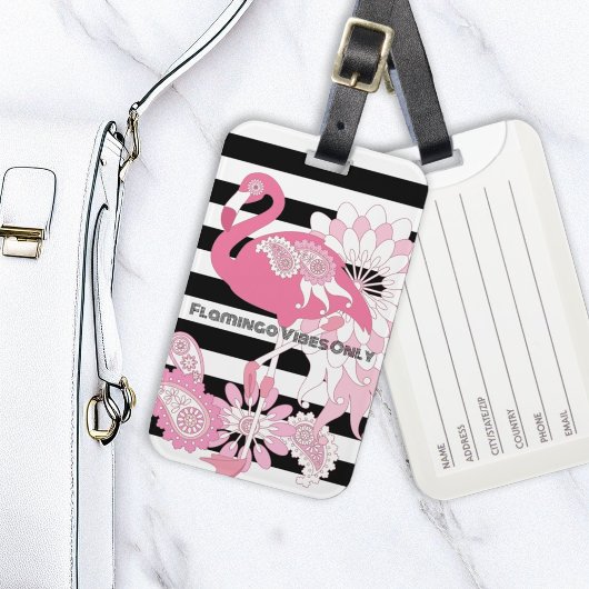 Flamingo Vibes Only Zwart & Wit Stripes Flamingo Bagagelabel