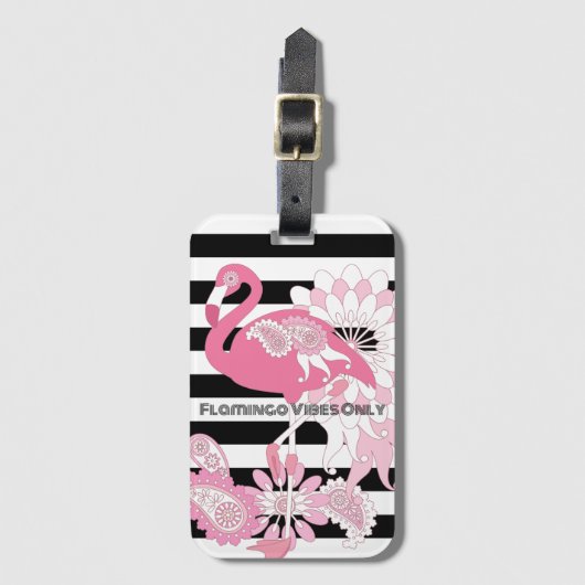 Flamingo Vibes Only Zwart & Wit Stripes Flamingo Bagagelabel (Voorkant (verticaal))