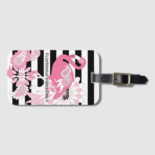 Flamingo Vibes Only Zwart & Wit Stripes Flamingo Bagagelabel (Voorkant (horizontaal))