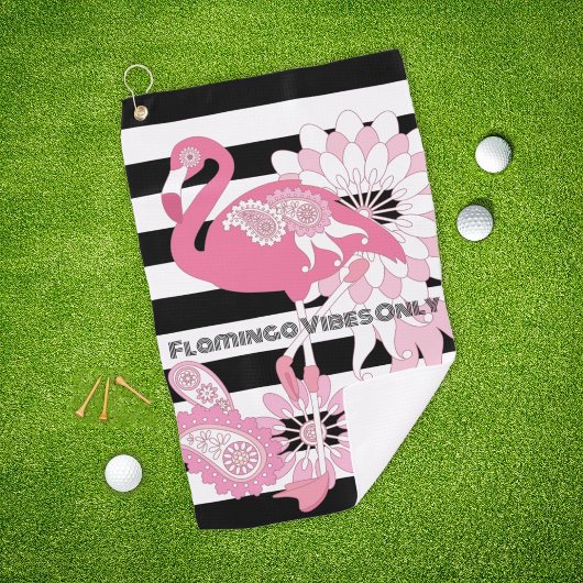 Flamingo Vibes Only Zwart & Wit Stripes Flamingo Golfhanddoek