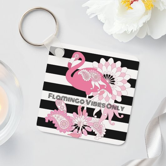 Flamingo Vibes Only Zwart & Wit Stripes Flamingo Sleutelhanger