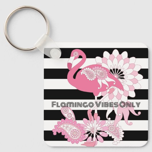 Flamingo Vibes Only Zwart & Wit Stripes Flamingo Sleutelhanger (Voorkant)