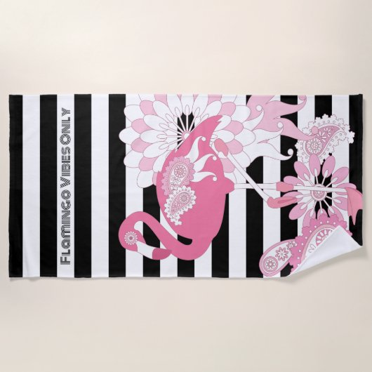 Flamingo Vibes Only Zwart & Wit Stripes Flamingo Strandlaken (Voorkant)