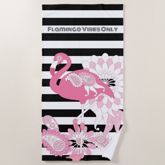 Flamingo Vibes Only Zwart & Wit Stripes Flamingo Strandlaken (Voorkant)