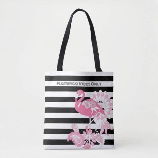 Flamingo Vibes Only Zwart & Wit Stripes Flamingo Tote Bag (Voorkant)