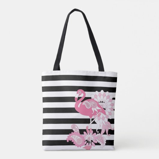 Flamingo Vibes Only Zwart & Wit Stripes Flamingo Tote Bag (Achterkant)