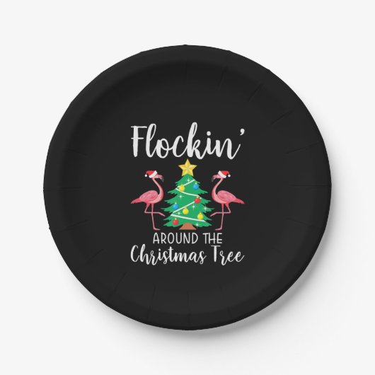 Flamingo | Vlokken rond kerstbomen Papieren Bordje (Voorkant)