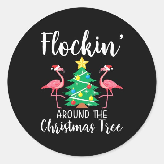Flamingo | Vlokken rond kerstbomen Ronde Sticker (Voorkant)