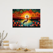 Flamingo Vogelmeer Zonsondergang Kleurrijke Bloeme Poster (Keuken)