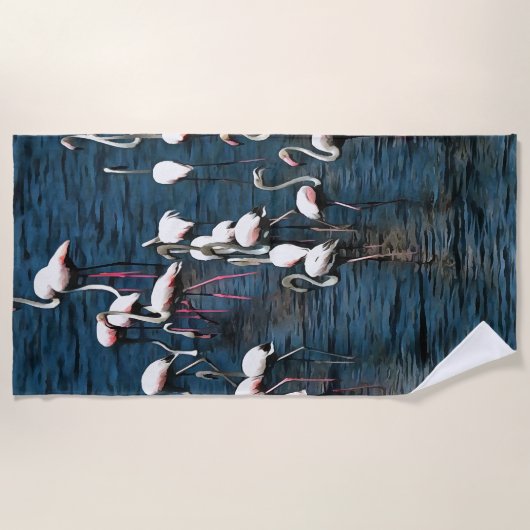 Flamingo vogels in roze en wit op inkwell blauw strandlaken (Voorkant)