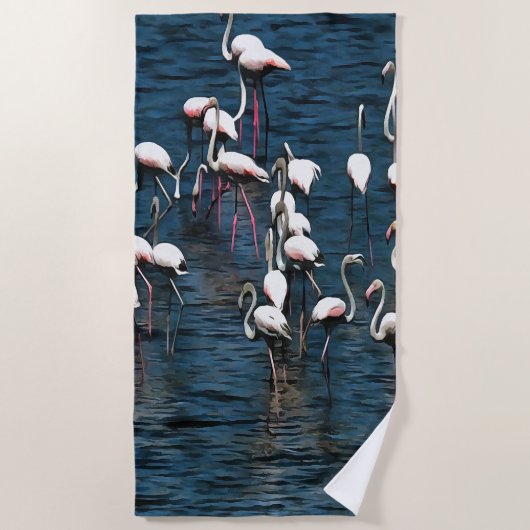Flamingo vogels in roze en wit op inkwell blauw strandlaken (Voorkant)