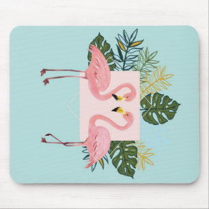 Flamingo vogels met bladeren   Flamingo palmblader Muismat
