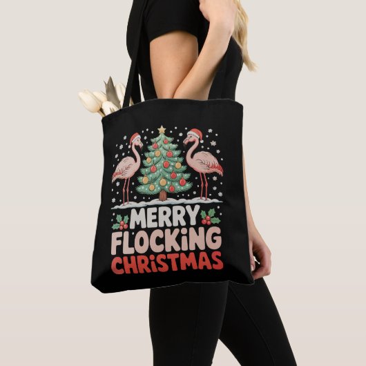 Flamingo Vrolijk Flocking Kerstmis Grappige Kerstm Tote Bag (Dichtbij)
