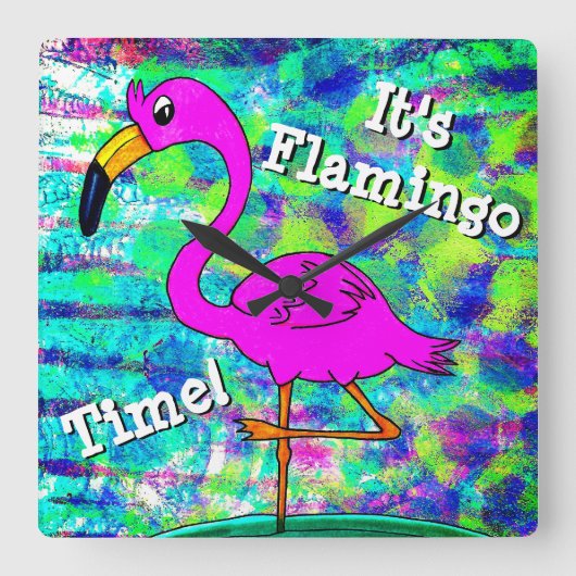Flamingo Wall Clock Het is Flamingo Time! Vierkante Klok (Voorkant)