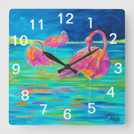Flamingo Wall Clock Vierkante Klok (Voorkant)