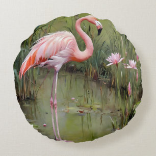 Flamingo waterlelies en rieten olieverfschilderij, rond kussen
