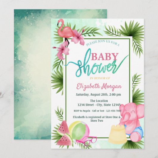 Flamingo, Watermeloen, Elephant Palm Baby shower Kaart (Voorkant / Achterkant)