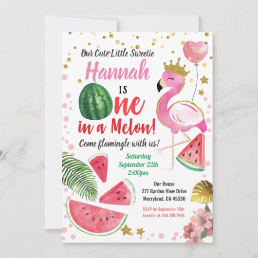 Flamingo Watermelon Girl Birthday Party Kaart (Voorkant)