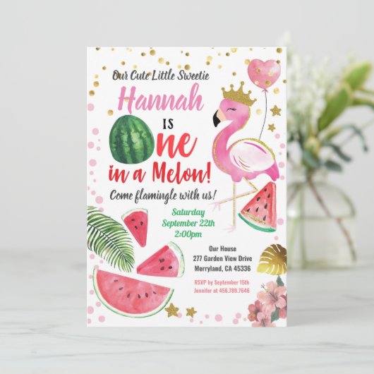 Flamingo Watermelon Girl Birthday Party Kaart (Staand voorkant)