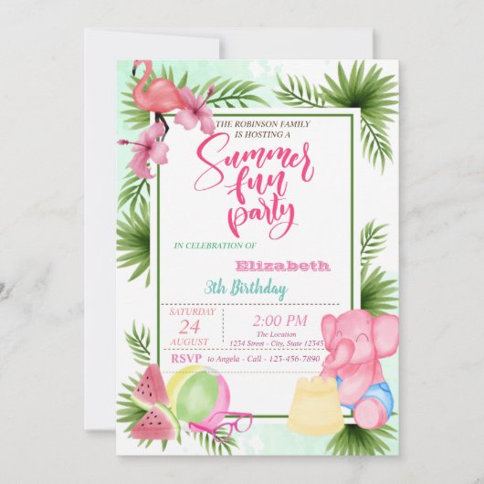 Flamingo, Watermelon Palm Leaf Summer Birthday Kaart (Voorkant)