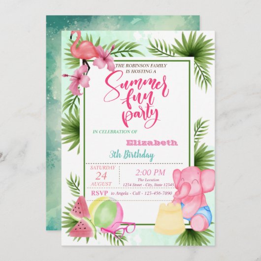 Flamingo, Watermelon Palm Leaf Summer Birthday Kaart (Voorkant / Achterkant)