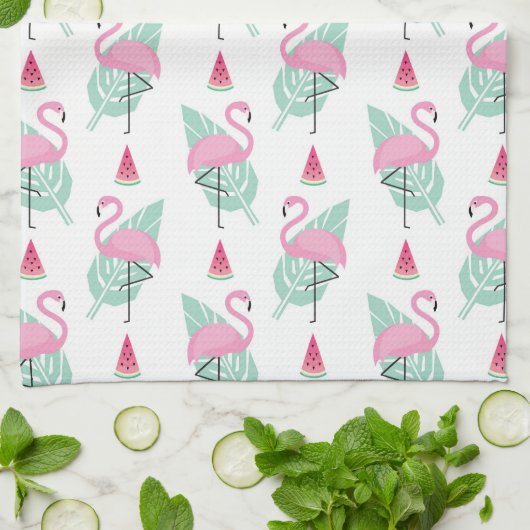 Flamingo & Watermelon Pastel Pattern Theedoek (Gevouwen)