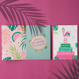 Flamingo & Watermelon Tropical Birthday Cake Kaart