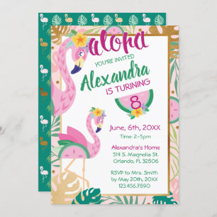 Flamingo & Watermelon Tropical Birthday Invitation Kaart