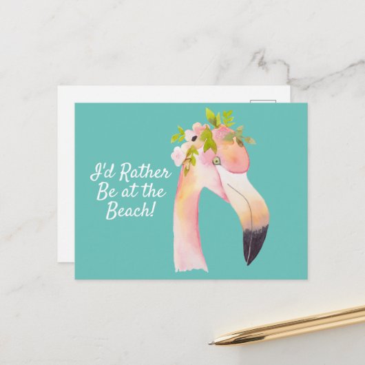 Flamingo waterverf - bij het strand briefkaart (Voorkant / Achterkant in situ)
